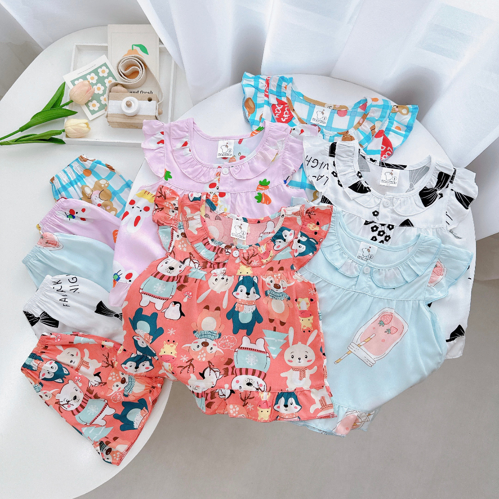 Đồ bộ mặc nhà vải tôn - Cánh tiên  lanh mềm mịn mát kiểu caro dáng xinh xắn đáng yêu cho Bé Gái 7-13kg