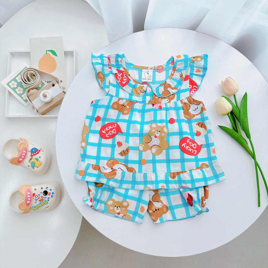 Đồ bộ mặc nhà vải tôn - Cánh tiên  lanh mềm mịn mát kiểu caro dáng xinh xắn đáng yêu cho Bé Gái 7-13kg