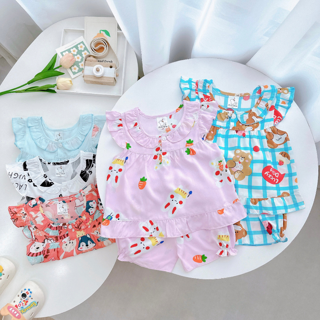 Đồ bộ mặc nhà vải tôn - Cánh tiên  lanh mềm mịn mát kiểu caro dáng xinh xắn đáng yêu cho Bé Gái 7-13kg