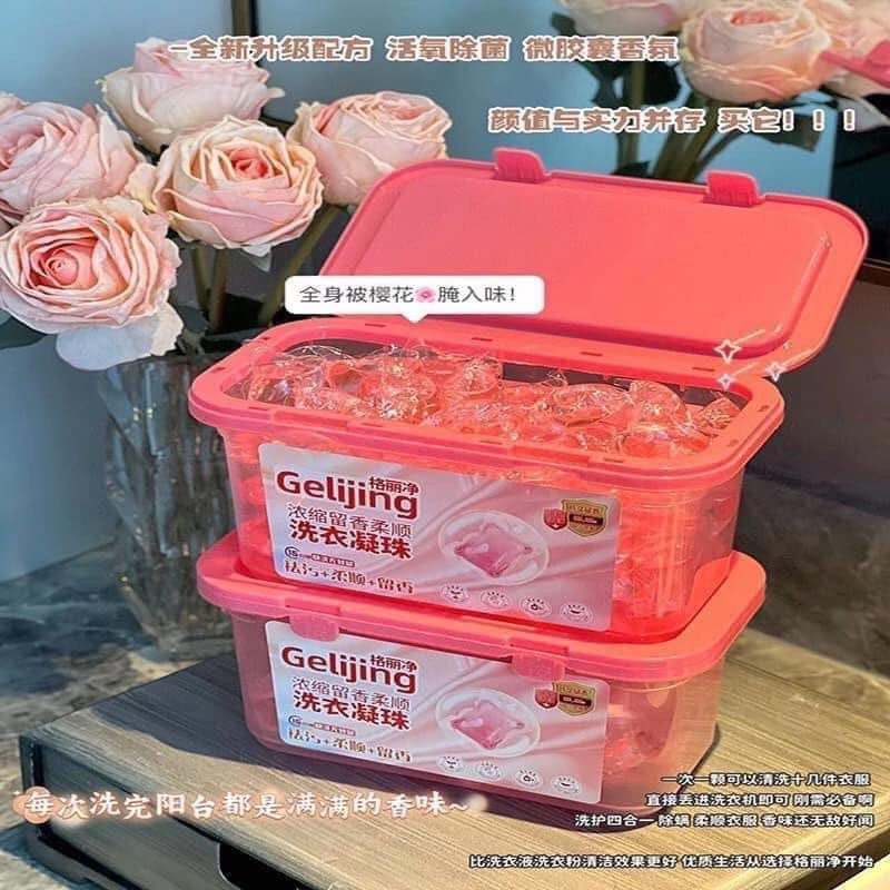 Hộp 100 Viên nước giặt xả quần áo hoa anh đào và nước hoa pháp thơm lâu, nước giặt hương thơm ngát khó tả