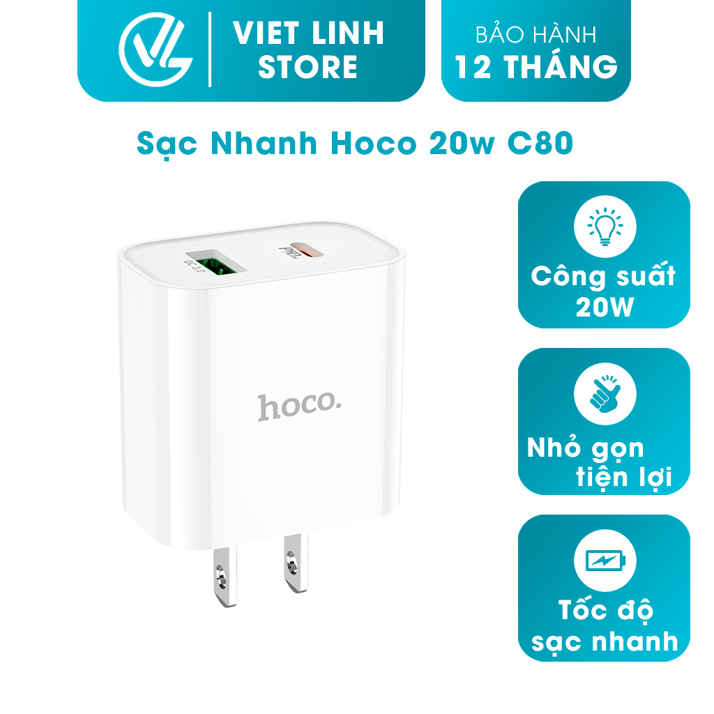 Sạc Nhanh Hoco 20w C80, 2 Cổng Đầu Vào Usb Và Type C. Chuẩn Sạc Nhanh PD 20W/3.0A