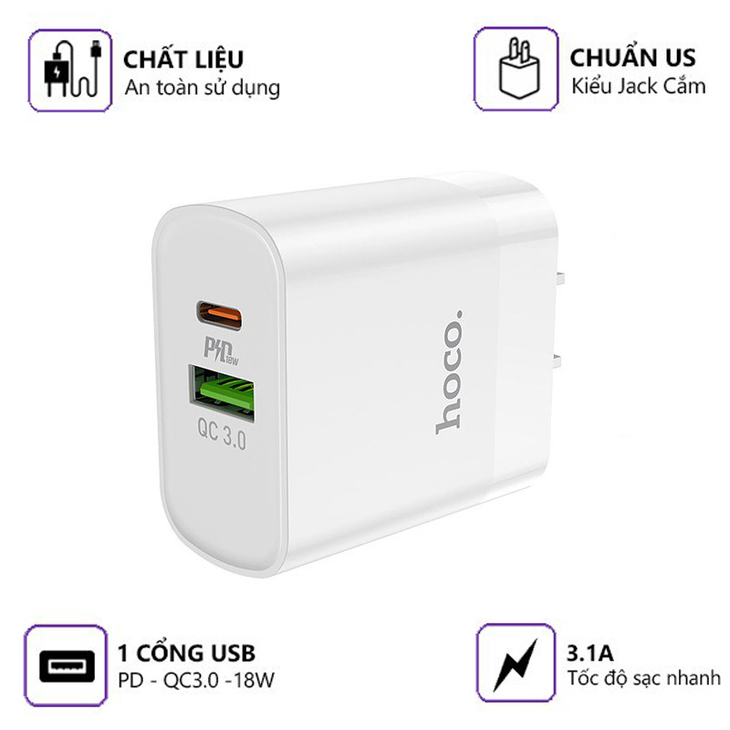 Sạc Nhanh Hoco 20w C80, 2 Cổng Đầu Vào Usb Và Type C. Chuẩn Sạc Nhanh PD 20W/3.0A