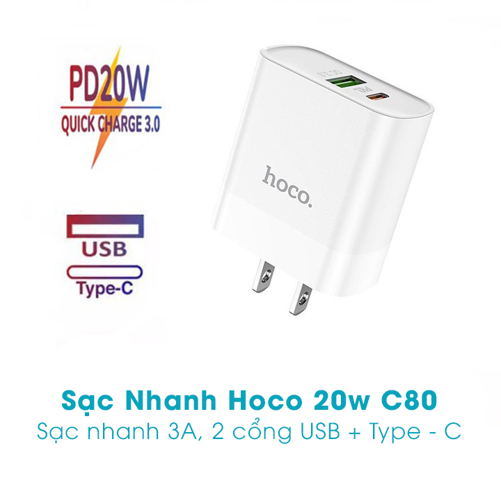 Sạc Nhanh Hoco 20w C80, 2 Cổng Đầu Vào Usb Và Type C. Chuẩn Sạc Nhanh PD 20W/3.0A