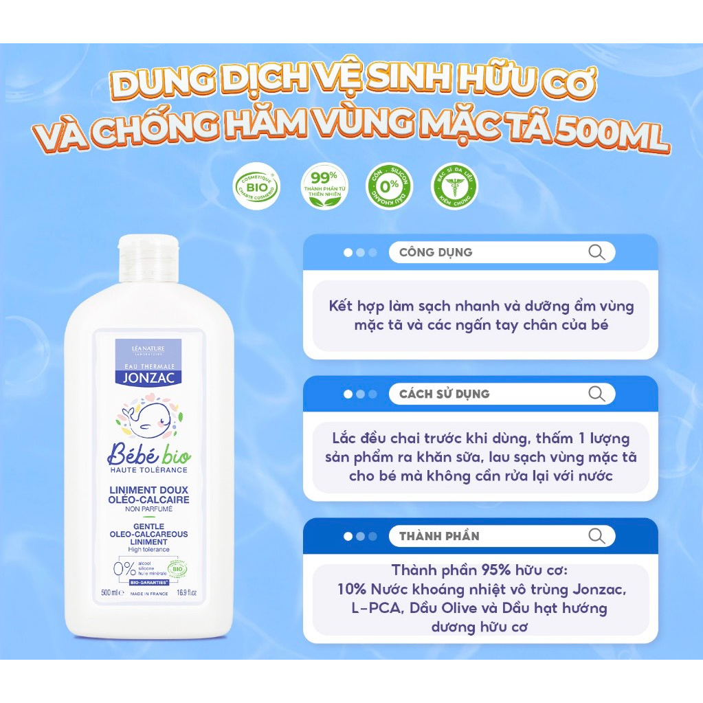 Dung Dịch Vệ Sinh Ngừa Hăm Tã Hữu Cơ Cho Bé Từ Sơ Sinh Eau Thermale Jonzac Liniment 500ml - Kem thay tã Jonzac Bé bé bio