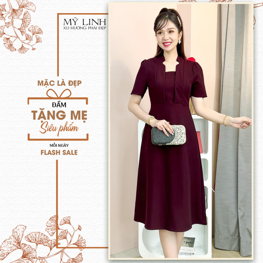 (HT 452) Đầm Trung Niên Dáng Dài Kiểu Dự Tiệc Cao Cấp Vải Lụa Mềm Mịn Tay Ngắn Cho Mẹ