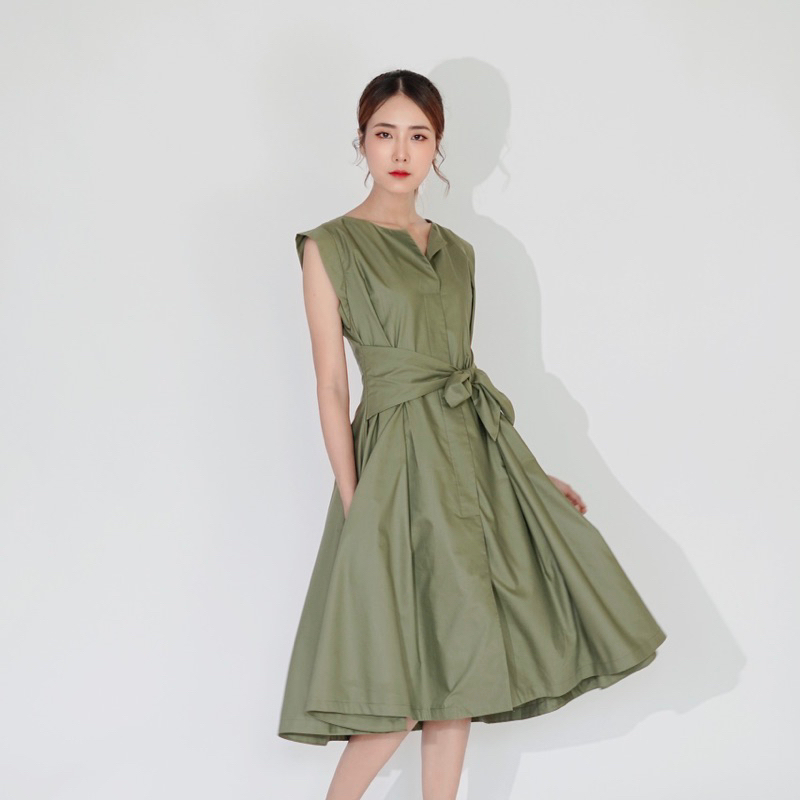 Váy xoè cộc tay buộc đai liền thân freesize 2 lớp Belt dress dành cho nữ Caffeine Studio