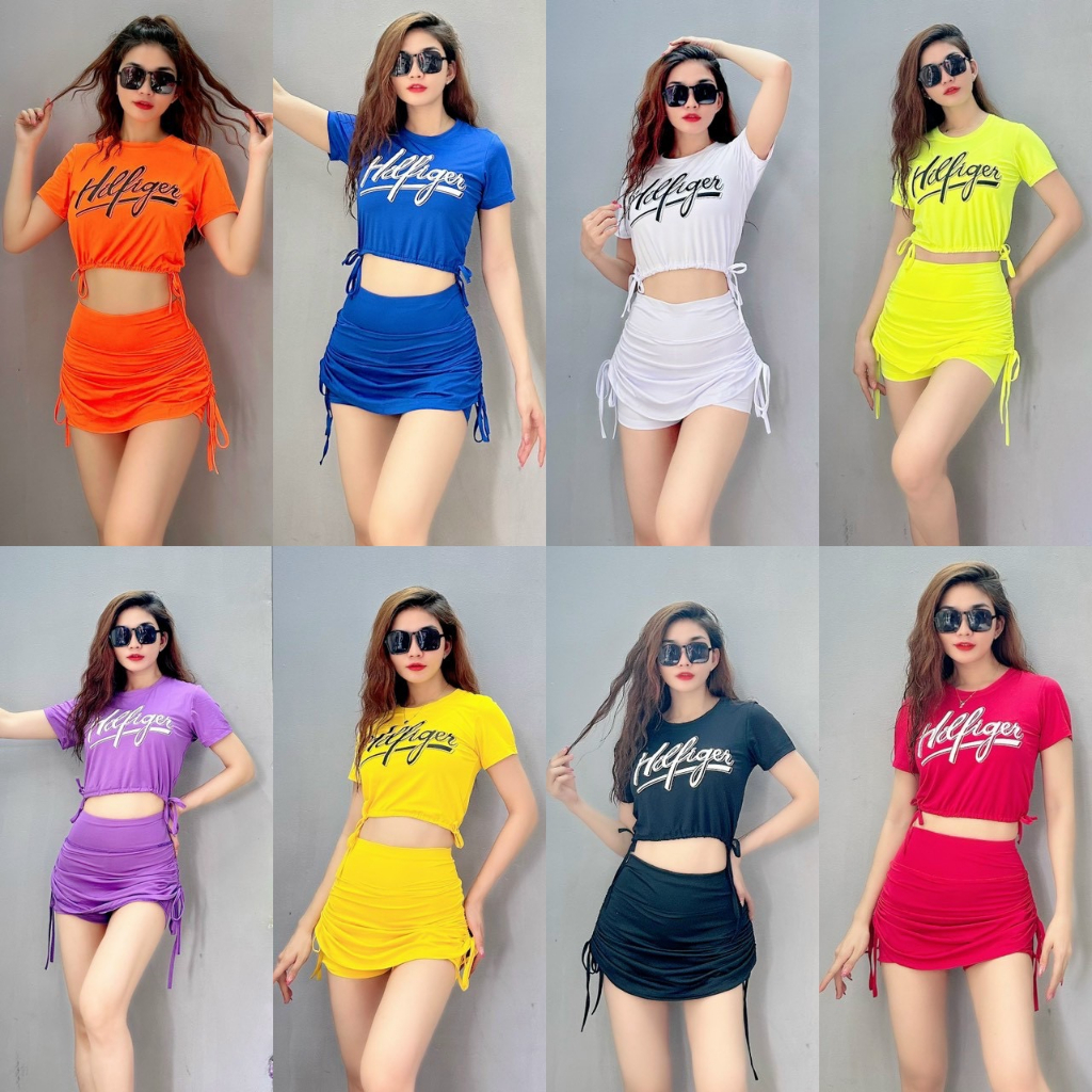 Bộ Đồ Tập Thể Thao Nữ ÁO Croptop Cột Eo Quần Váy Rút Nhiều Màu Tập Gym Yoga Aerobic Cao Cấp