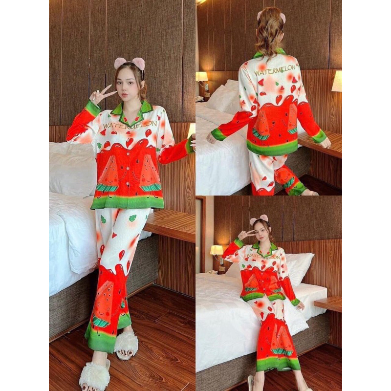 Bộ pijama lụa xước dài tay dưa hấu