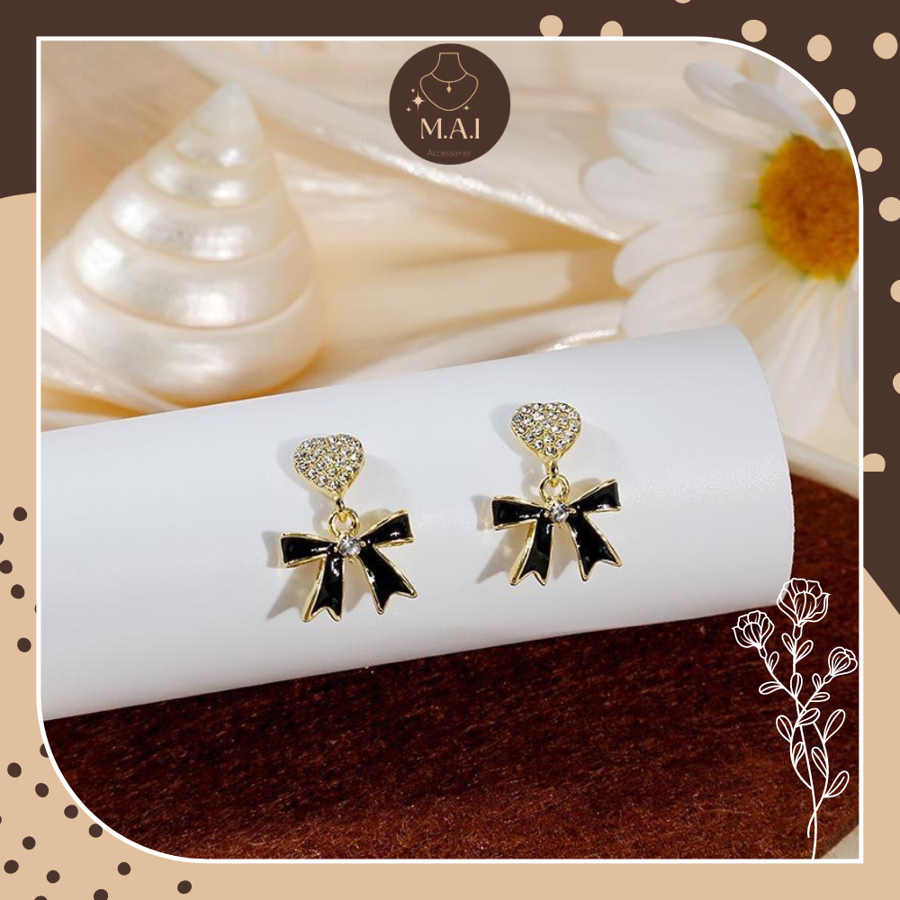 Bông tai nữ hình Trái Tim thắt nơ lấp lánh nhỏ xinh M.A.I Accessories