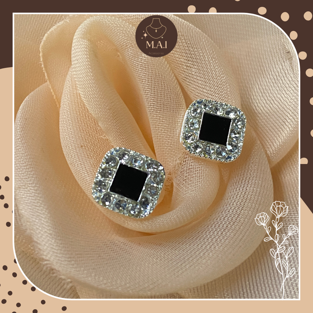 Bông tai nữ mạc bạc 925 hình vuông đính đá Zircon Khuyên tai nữ mặt kim cương đen cao cấp M.A.I Accessories