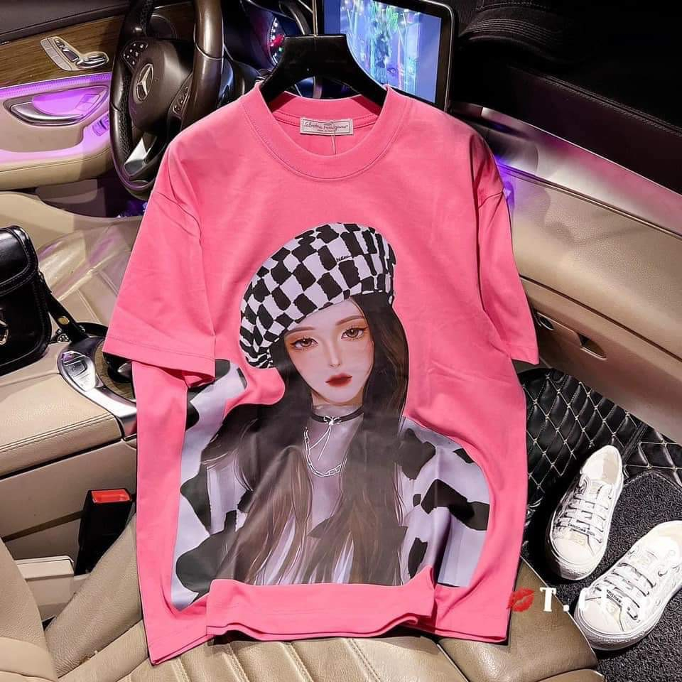 Áo Phông Nữ Loại Một form Rộng , Áo Thun Hình Cô Gái Chất Liệu Cotton