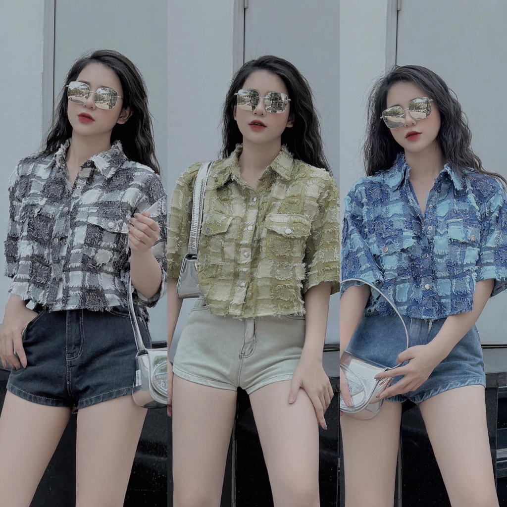 Sét Bộ Áo Sơ Mi Kẻ Tua Rua Kèm Quần Short Jeans Sét Bộ Đi Chơi Dễ Thương Bigsize Quỳnh Anh Từ 50 kg Đến 100kg M/L/XL/XXL