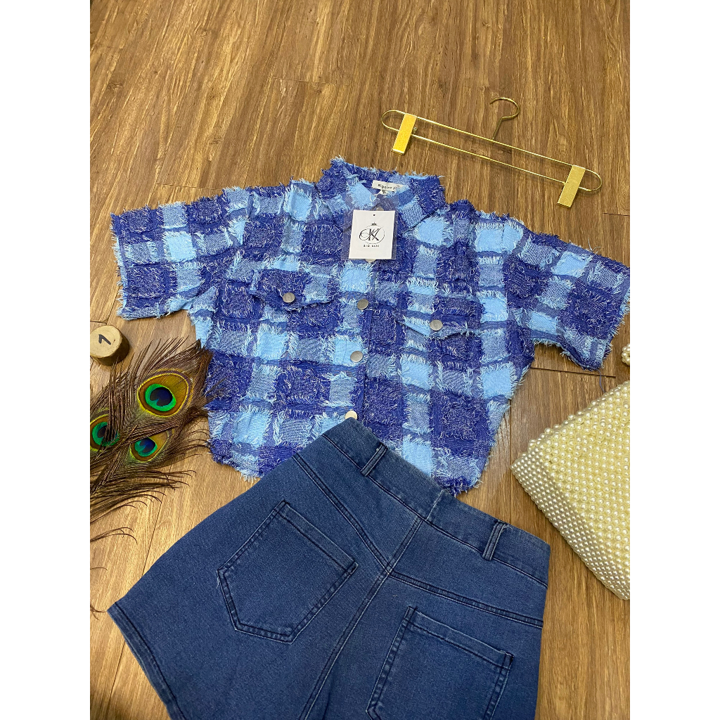 Sét Bộ Áo Sơ Mi Kẻ Tua Rua Kèm Quần Short Jeans Sét Bộ Đi Chơi Dễ Thương Bigsize Quỳnh Anh Từ 50 kg Đến 100kg M/L/XL/XXL