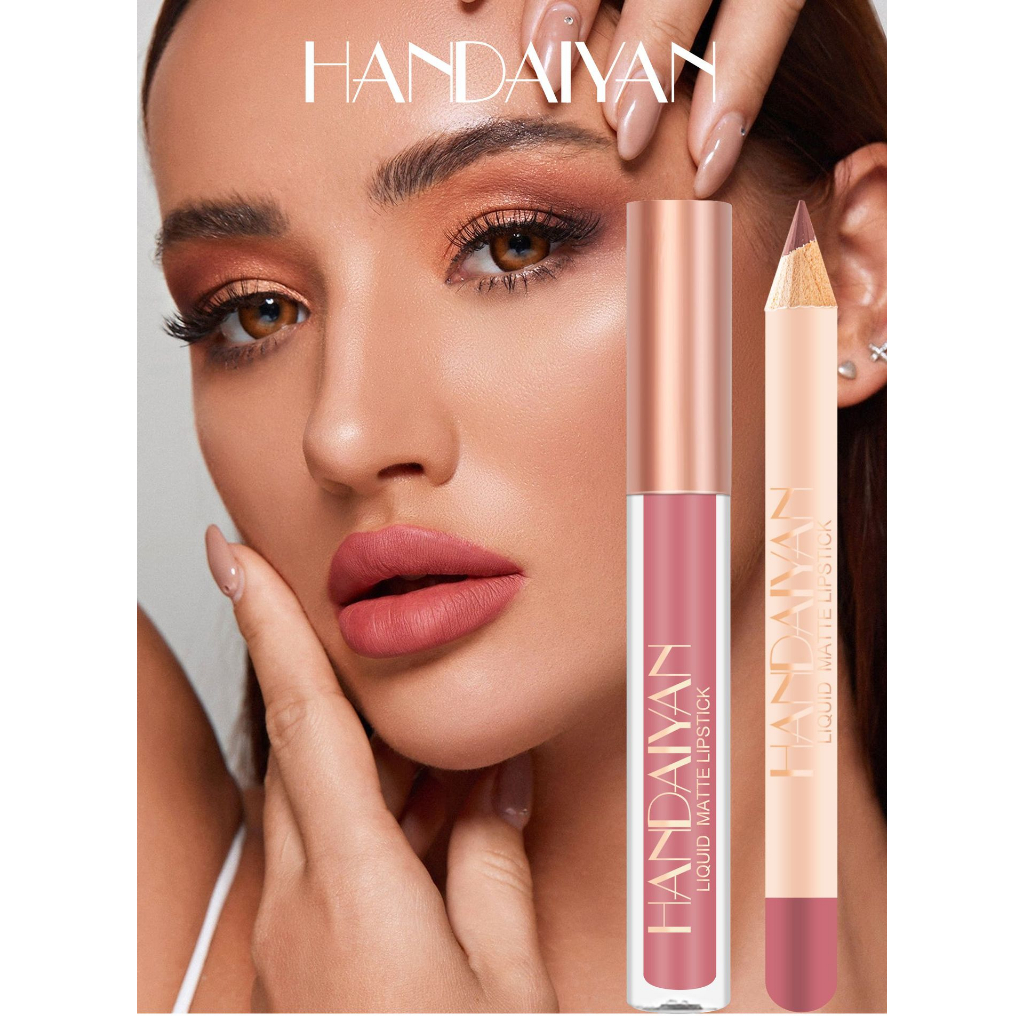 HANDAIYAN Bộ Sản Phẩm Son Kem Nhung Bóng Kết Hợp Bút Kẻ Viền Môi Không Dính Son Môi Dạng Lỏng