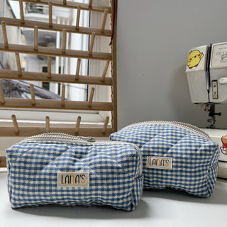 Blue Gingham Pouch - Túi vải chần bông, túi đựng mỹ phẩm chần bông mềm xốp dễ thương