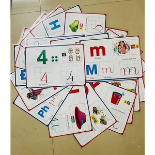 Bộ học liệu chữ, số kèm hình minh họa. Kích thước A4 ép plastic bền đẹp. In 2 mặt.