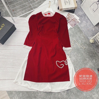 Set áo dài đỏ viền kèm chân váy trắng lụa
