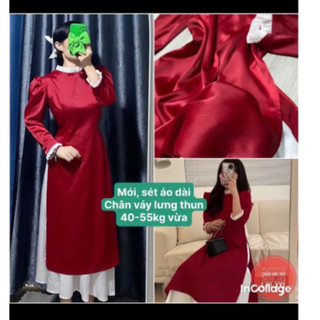 Set áo dài đỏ viền kèm chân váy trắng lụa