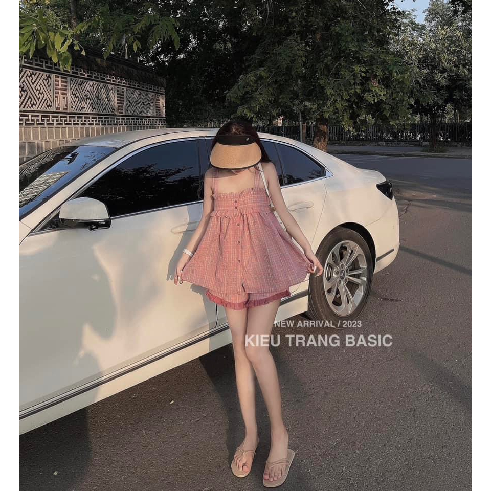 SET ÁO BBD HỒNG 2 DÂY BÈO NGỰC NÚT + QUẦN SHORT BÈO VIỀN TÚI