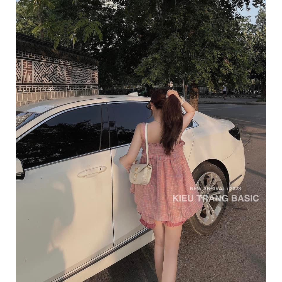 SET ÁO BBD HỒNG 2 DÂY BÈO NGỰC NÚT + QUẦN SHORT BÈO VIỀN TÚI