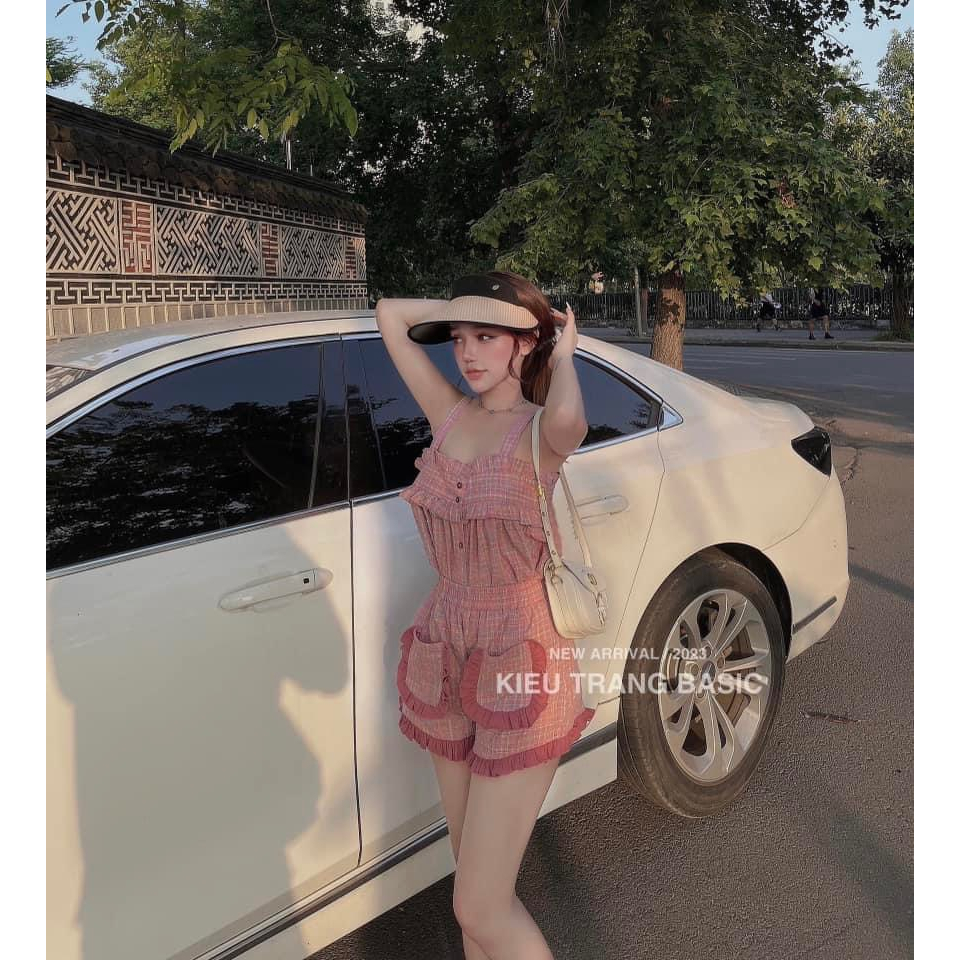 SET ÁO BBD HỒNG 2 DÂY BÈO NGỰC NÚT + QUẦN SHORT BÈO VIỀN TÚI