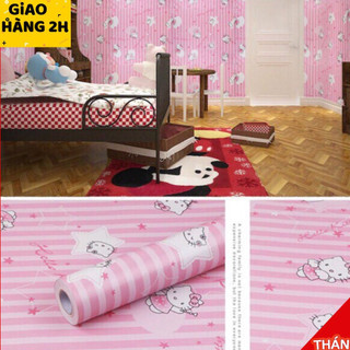 10M GIẤY DÁN TƯỜNG KITTY DỌC HỒNG Khổ Rộng 45cm có sẵn keo dễ thương cho bé