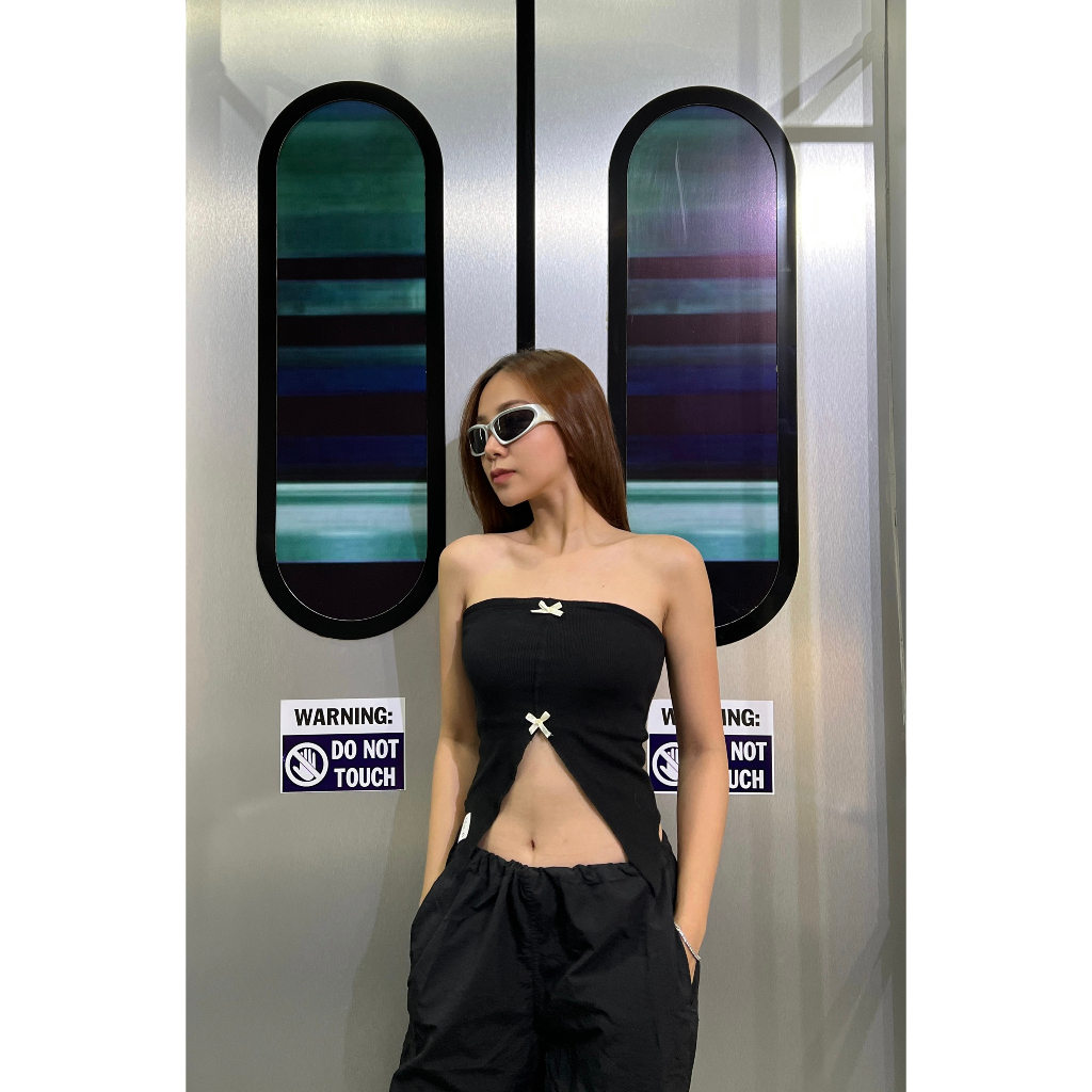 Áo ống tubetop nơ xẻ tà  thun gân cotton | Tiệm 19