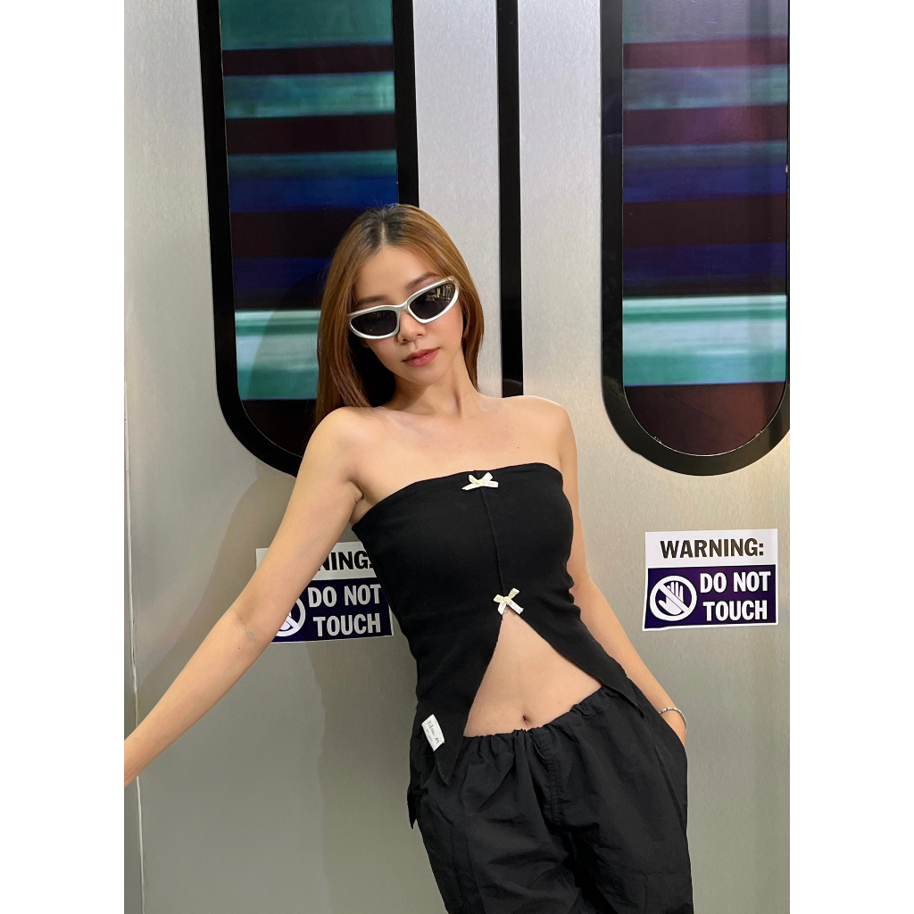 Áo ống tubetop nơ xẻ tà  thun gân cotton | Tiệm 19