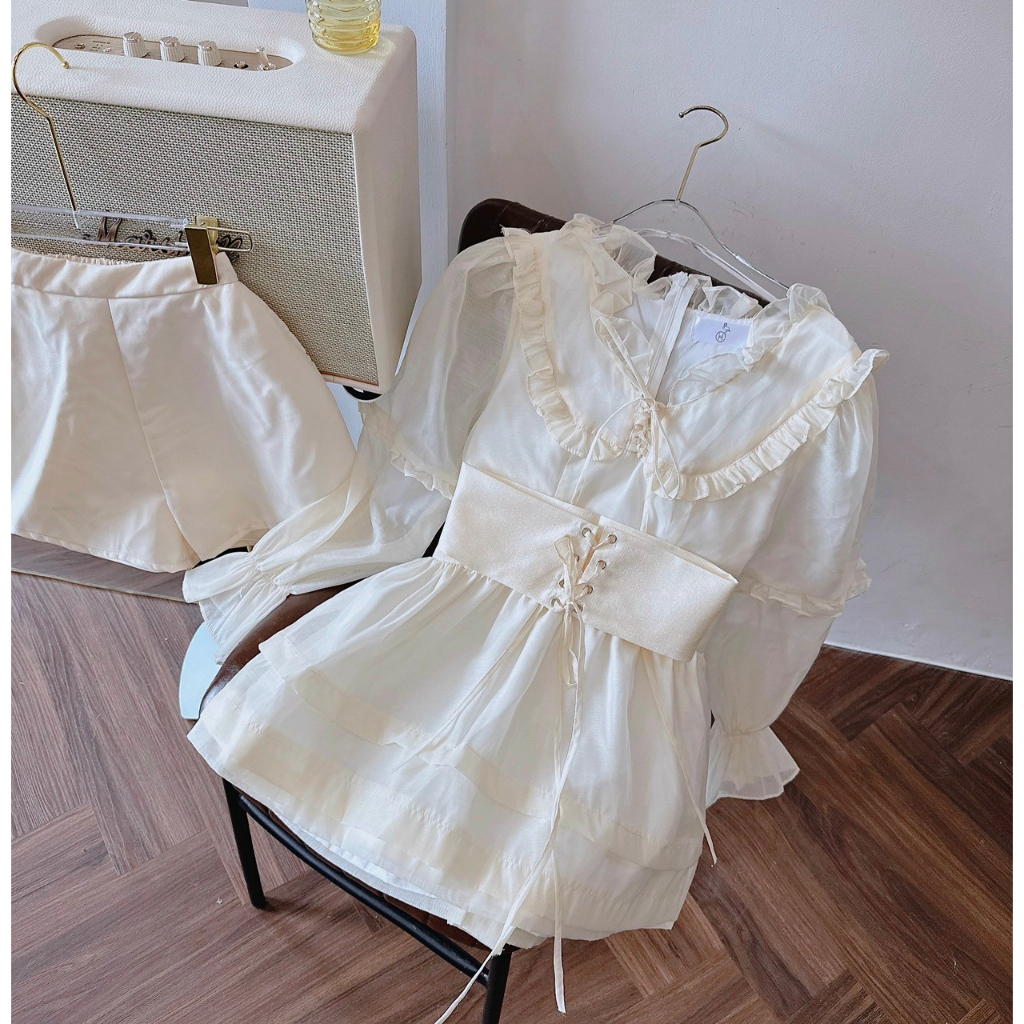 Set Bộ Nữ,Set 3 Món Áo Tay Dài Babydoll Kèm Belt Đan Dây Mix Quần Short Tiểu Thư Dự Tiệc Dạo Phố Sang Chảnh Thời Trang M