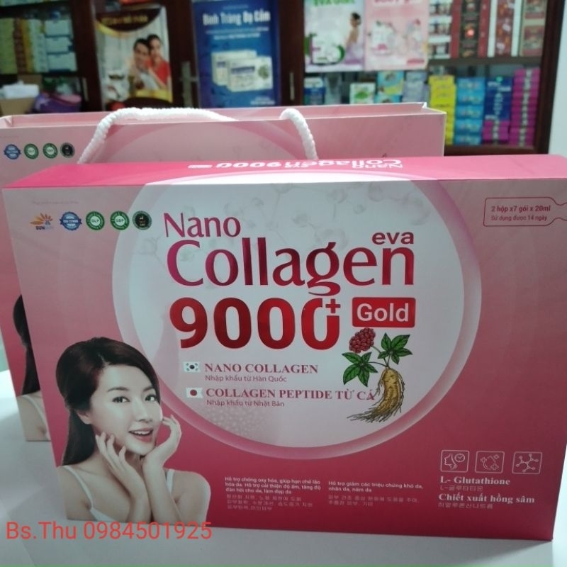 NANO COLLAGEN 9000 GOLD EVA SUN chiết xuất hồng sâm, vitamin E, L-Glutathion hỗ trợ làm đẹp, chống lão hóa da hộp 14 gói
