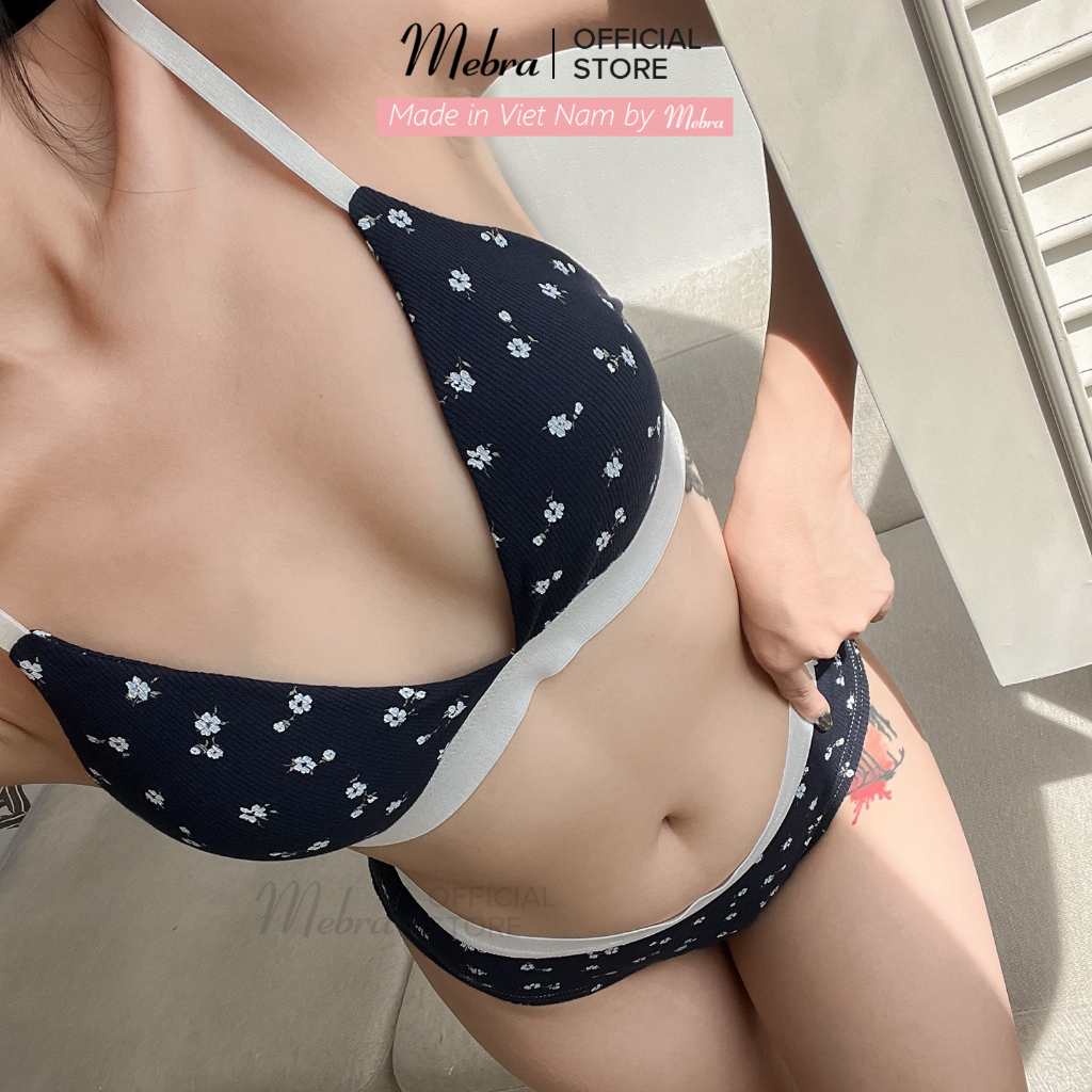 Bộ đồ lót Bikini nữ cotton gân co giãn xanh đen hoạ tiết hoa nhí xinh xắn mùa hè không gọng mút mỏng tháo rời Mebra A063
