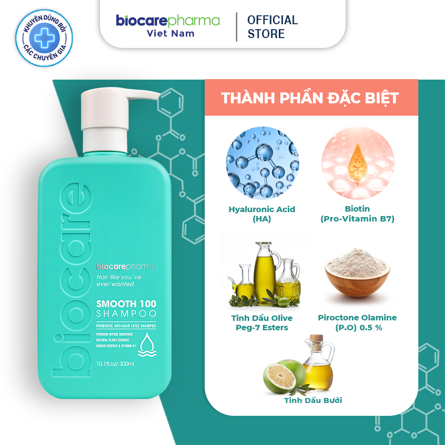 Dầu gội siêu phục hồi khô xơ và ngăn ngừa rụng tóc Smooth 100 shampoo - Không silicon, sunfat - Biocarepharma - 300ml.