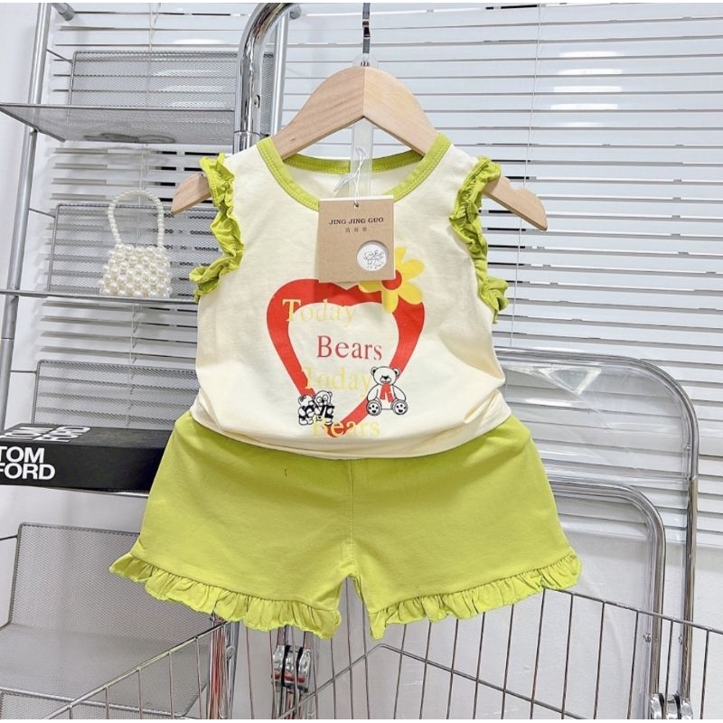 Bộ ba lỗ bé gái size nhí 10-20kg chất cotton mịn mát co dãn hình tim nhún bèo