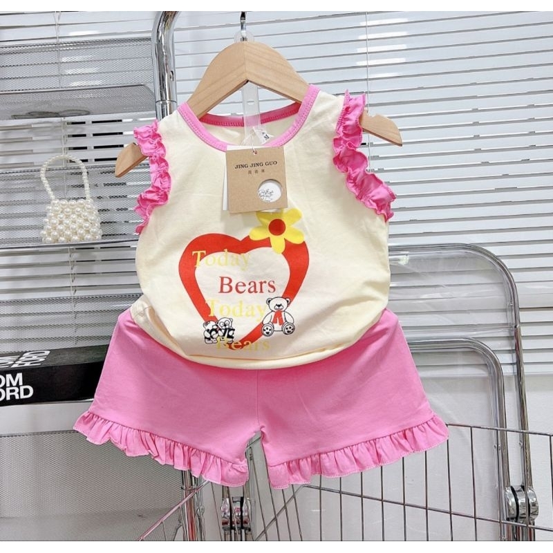 Bộ ba lỗ bé gái size nhí 10-20kg chất cotton mịn mát co dãn hình tim nhún bèo