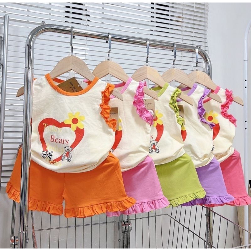 Bộ ba lỗ bé gái size nhí 10-20kg chất cotton mịn mát co dãn hình tim nhún bèo