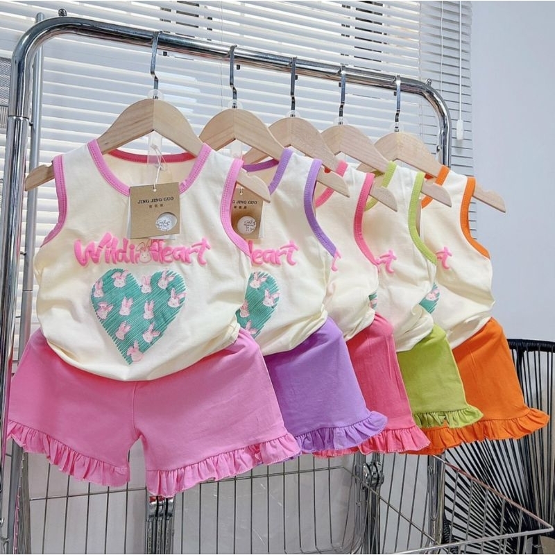 Bộ ba lỗ bé gái size nhí 10-20kg chất cotton mịn mát co dãn hình tim nhún bèo