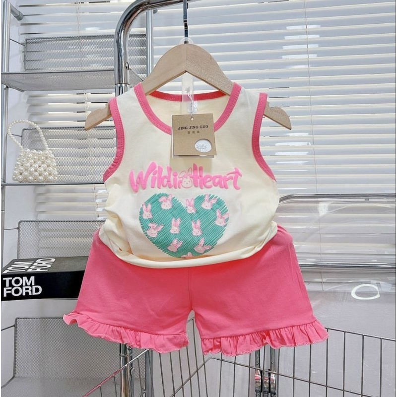 Bộ ba lỗ bé gái size nhí 10-20kg chất cotton mịn mát co dãn hình tim nhún bèo