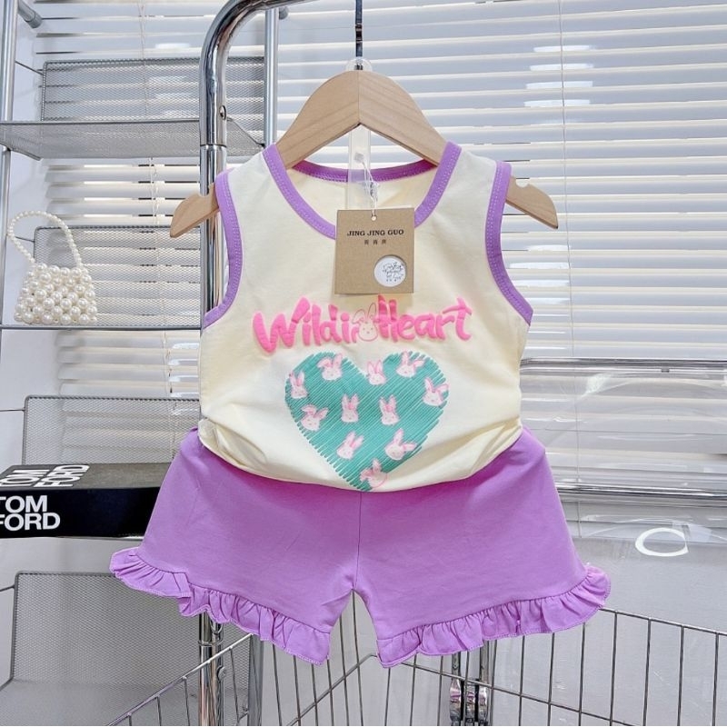 Bộ ba lỗ bé gái size nhí 10-20kg chất cotton mịn mát co dãn hình tim nhún bèo