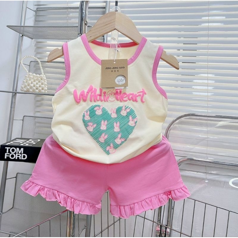 Bộ ba lỗ bé gái size nhí 10-20kg chất cotton mịn mát co dãn hình tim nhún bèo