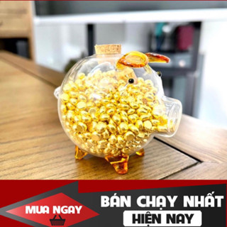[CÓ SẴN HCM ] Ống heo tiết kiệm bằng thủy tinh trong suốt đựng thỏi vàng - Heo thuỷ tinh mini nút gỗ