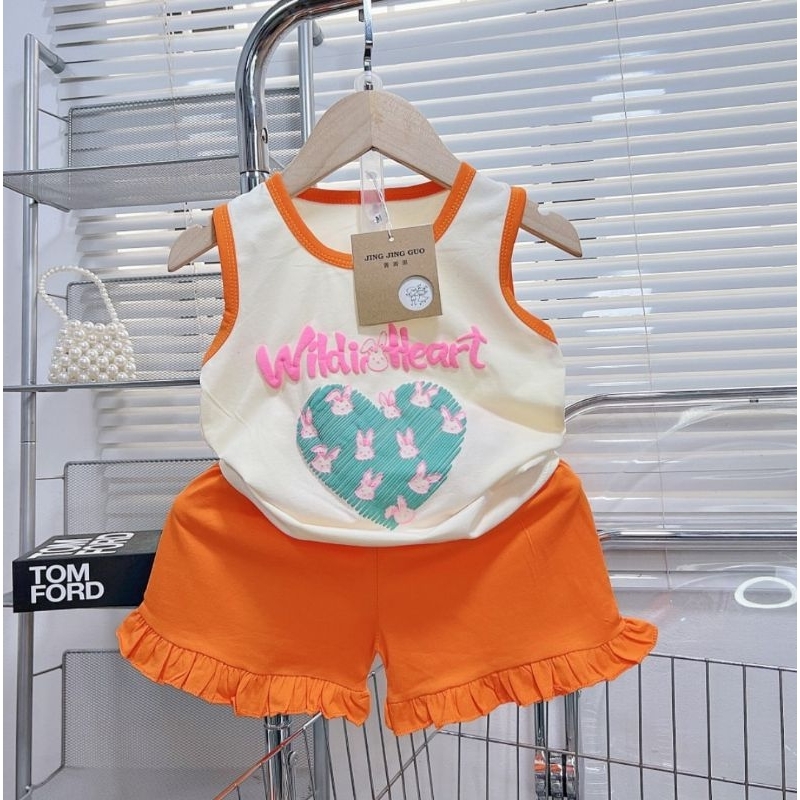 Bộ ba lỗ bé gái size nhí 10-20kg chất cotton mịn mát co dãn hình tim nhún bèo