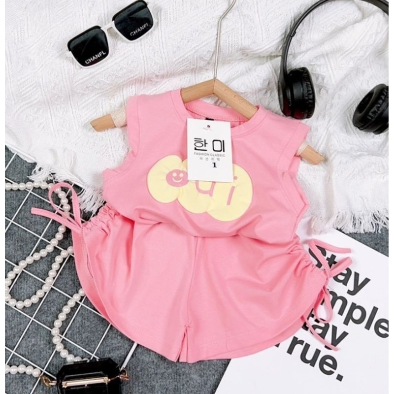 Bộ sát nách bé gái nhún hông size nhí chất cotton mịn mát