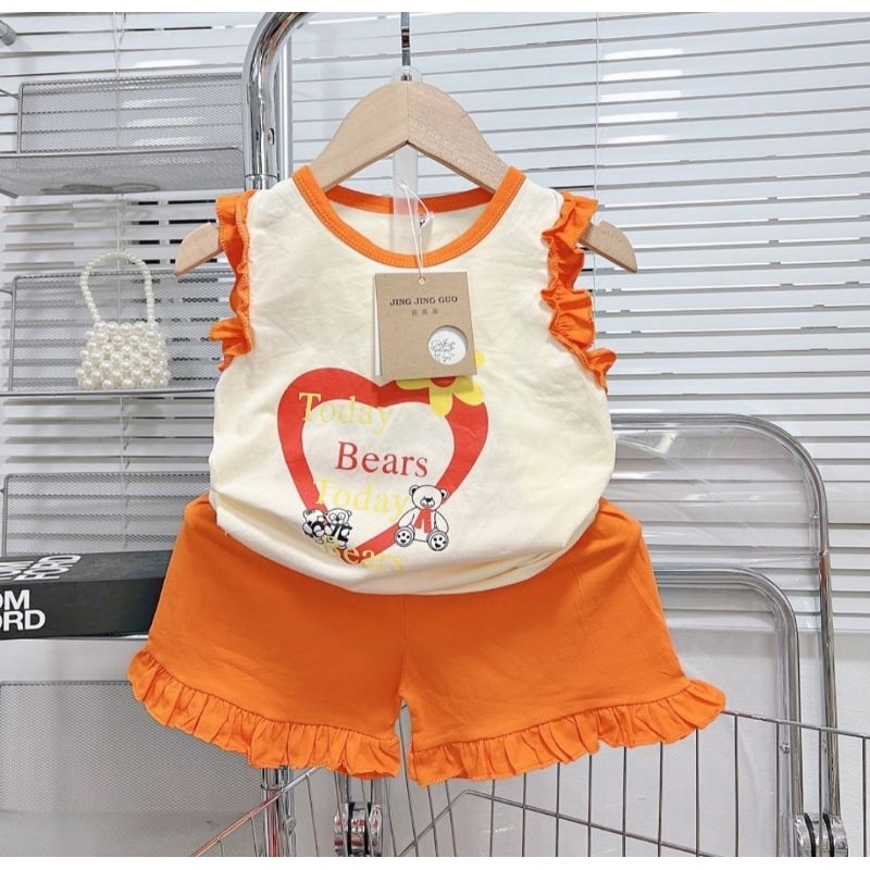 Bộ ba lỗ bé gái size nhí 10-20kg chất cotton mịn mát co dãn hình tim nhún bèo