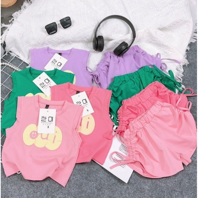 Bộ sát nách bé gái nhún hông size nhí chất cotton mịn mát