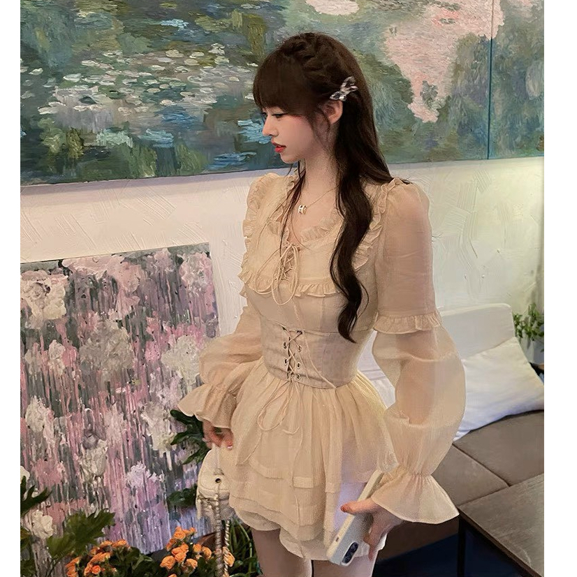 Set Bộ Nữ,Set 3 Món Áo Tay Dài Babydoll Kèm Belt Đan Dây Mix Quần Short Tiểu Thư Dự Tiệc Dạo Phố Sang Chảnh Thời Trang M