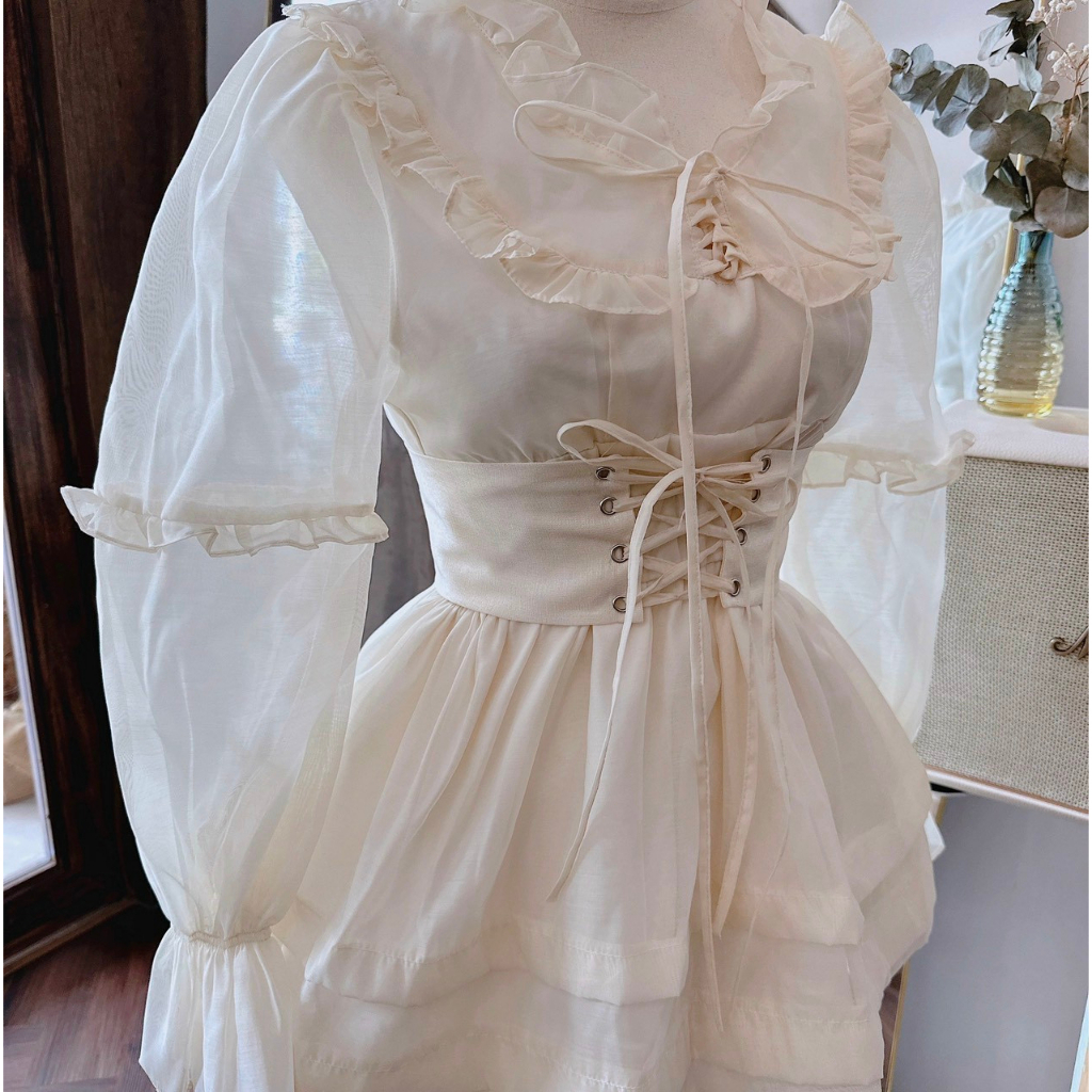 Set Bộ Nữ,Set 3 Món Áo Tay Dài Babydoll Kèm Belt Đan Dây Mix Quần Short Tiểu Thư Dự Tiệc Dạo Phố Sang Chảnh Thời Trang M