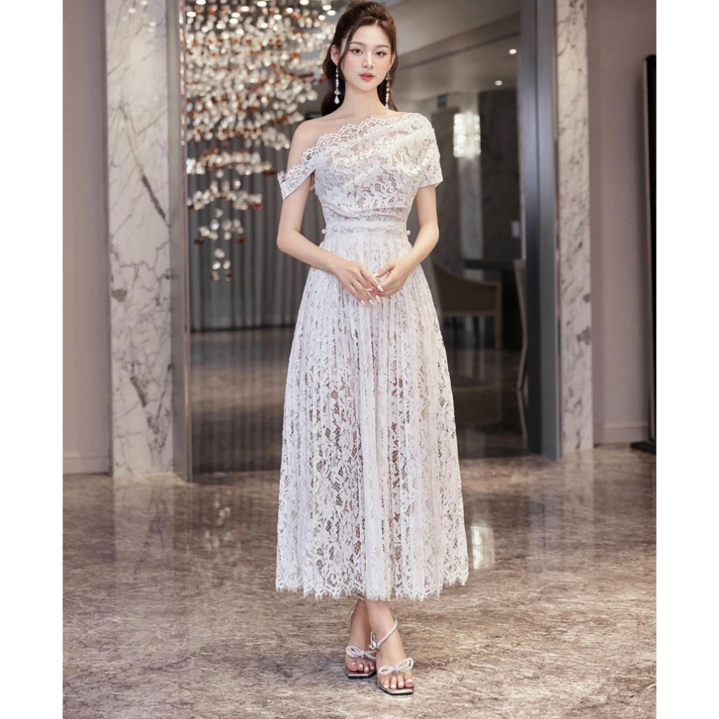 Set áo lệch vai ren kèm áo ống + chân váy dập li dài