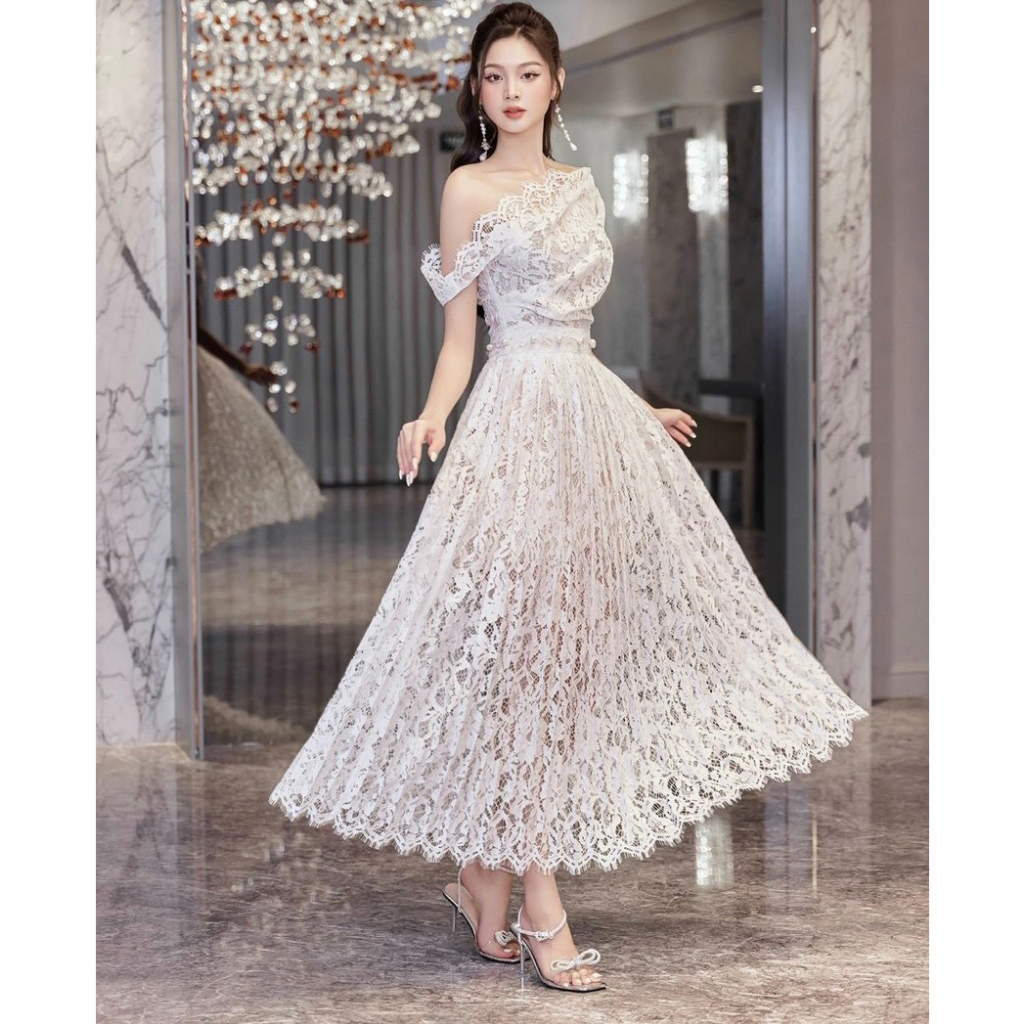 Set áo lệch vai ren kèm áo ống + chân váy dập li dài