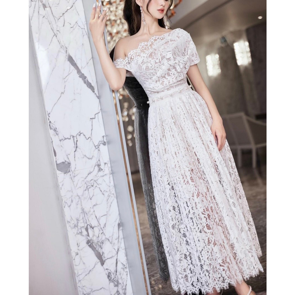 Set áo lệch vai ren kèm áo ống + chân váy dập li dài