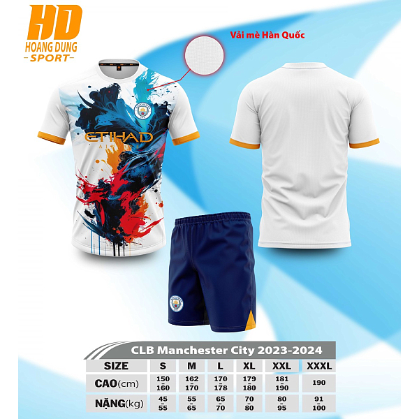 Quần Áo Bóng Đá, Đồ Đá Banh Man City Trắng Thun Mè 2023 Cao Cấp Không Nhăn Không Xù